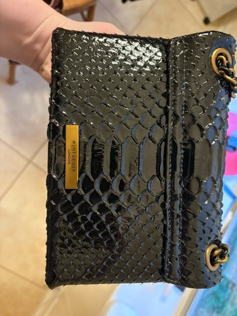 Kurt Geiger Black Patent Snake-Embossed Crossbody Bag with Gold Hardware - Picture 2 of 8